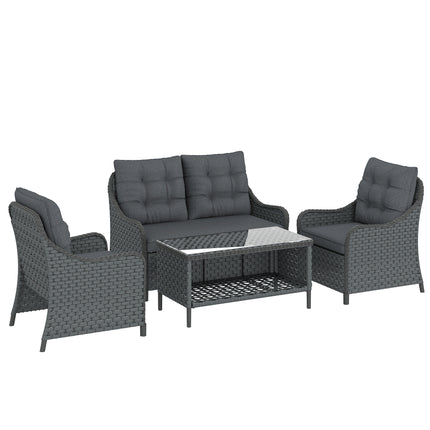 4-Piece Wicker Patio Furniture Set with 2 Armchairs, Loveseat, Glass Coffee Table, Conversation Sofa Set, Dark Grey