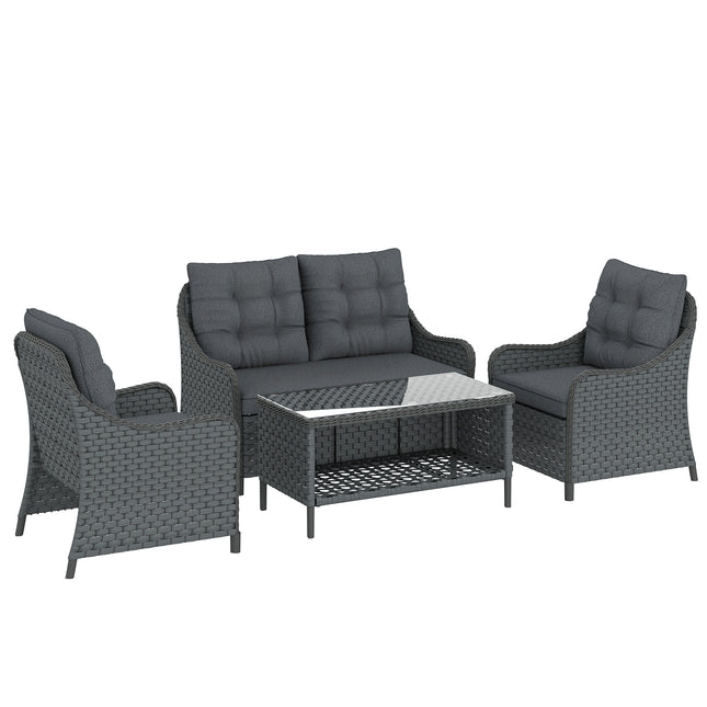 4-Piece Wicker Patio Furniture Set with 2 Armchairs, Loveseat, Glass Coffee Table, Conversation Sofa Set, Dark Grey
