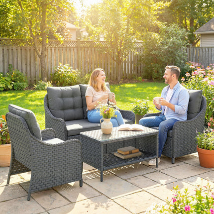 4-Piece Wicker Patio Furniture Set with 2 Armchairs, Loveseat, Glass Coffee Table, Conversation Sofa Set, Dark Grey