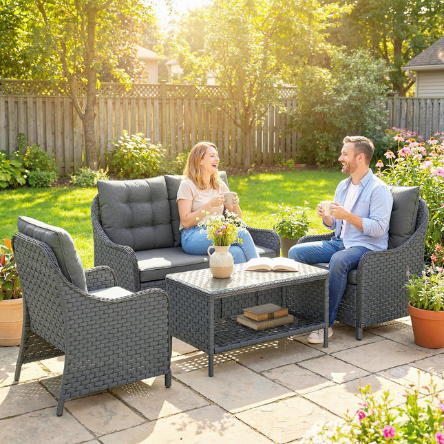 4-Piece Wicker Patio Furniture Set with 2 Armchairs, Loveseat, Glass Coffee Table, Conversation Sofa Set, Dark Grey