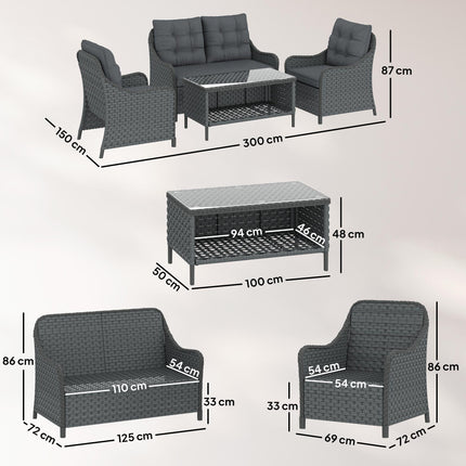 4-Piece Wicker Patio Furniture Set with 2 Armchairs, Loveseat, Glass Coffee Table, Conversation Sofa Set, Dark Grey