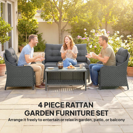 4-Piece Wicker Patio Furniture Set with 2 Armchairs, Loveseat, Glass Coffee Table, Conversation Sofa Set, Dark Grey