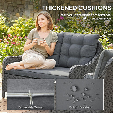 4-Piece Wicker Patio Furniture Set with 2 Armchairs, Loveseat, Glass Coffee Table, Conversation Sofa Set, Dark Grey