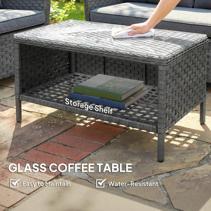 4-Piece Wicker Patio Furniture Set with 2 Armchairs, Loveseat, Glass Coffee Table, Conversation Sofa Set, Dark Grey