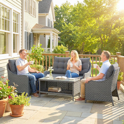 4-Piece Wicker Patio Furniture Set with 2 Armchairs, Loveseat, Glass Coffee Table, Conversation Sofa Set, Dark Grey