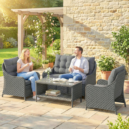 4-Piece Wicker Patio Furniture Set with 2 Armchairs, Loveseat, Glass Coffee Table, Conversation Sofa Set, Dark Grey