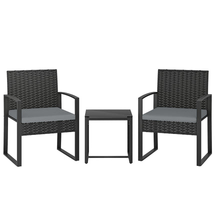 Rattan Bistro Set, 3 Piece Garden Furniture Set with Glass Top Table and Cushions, Light Grey
