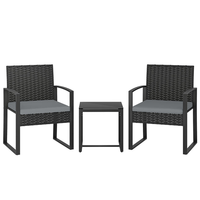 Rattan Bistro Set, 3 Piece Garden Furniture Set with Glass Top Table and Cushions, Light Grey