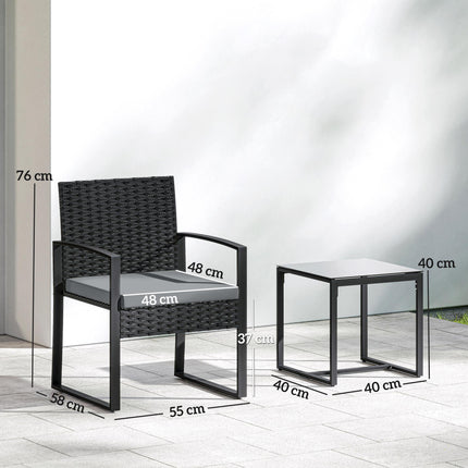 Rattan Bistro Set, 3 Piece Garden Furniture Set with Glass Top Table and Cushions, Light Grey