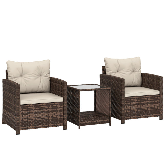Rattan Bistro Set, 3 Piece Garden Furniture Set with 2 Tier Glass Top Table and Cushions, Mixed Brown