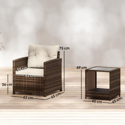 Rattan Bistro Set, 3 Piece Garden Furniture Set with 2 Tier Glass Top Table and Cushions, Mixed Brown