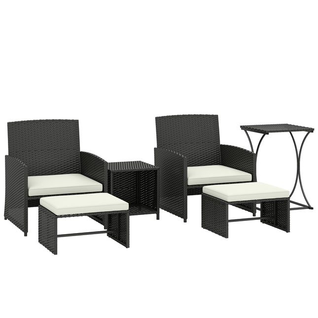 6 Piece Rattan Garden Furniture, Space-Saving Patio Furniture Set with Nesting Tables, Chairs, Stools, Cushions, Black