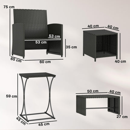 6 Piece Rattan Garden Furniture, Space-Saving Patio Furniture Set with Nesting Tables, Chairs, Stools, Cushions, Black