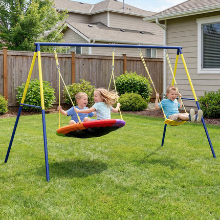 Kids Swing Set with Double Swings, Outdoor Playset with Adjustable Ropes, Metal Frame for Ages 3-8, 150kg Capacity