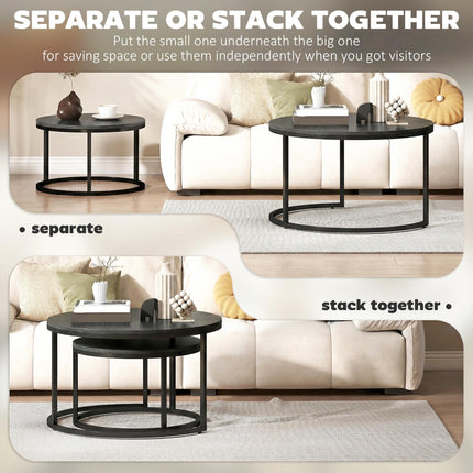 Set of Two Wood-Effect Stacking Tables - Black Wood Grain
