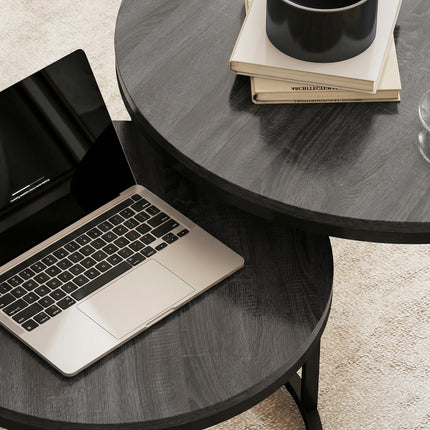 Set of Two Wood-Effect Stacking Tables - Black Wood Grain