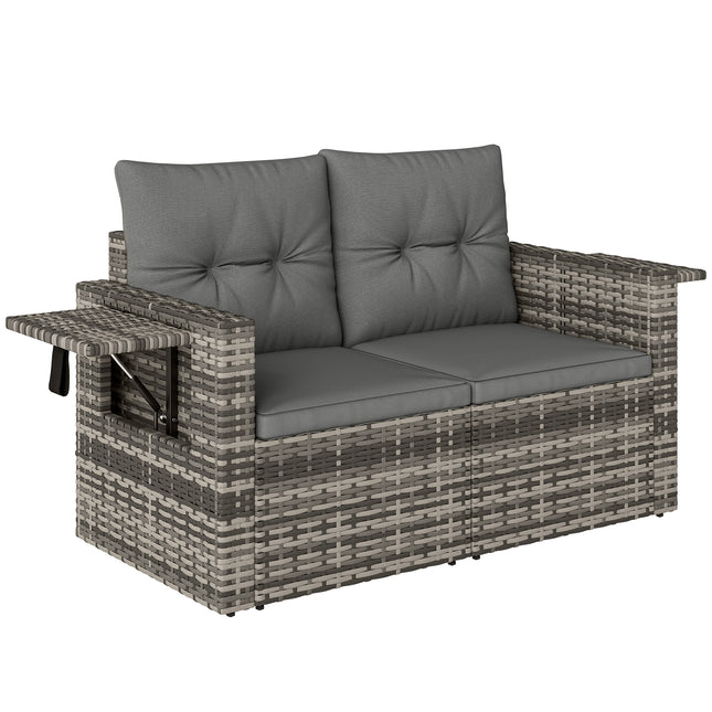 2 Seater Rattan Garden Sofa Outdoor Loveseat with Hidden Side Trays and Cushions