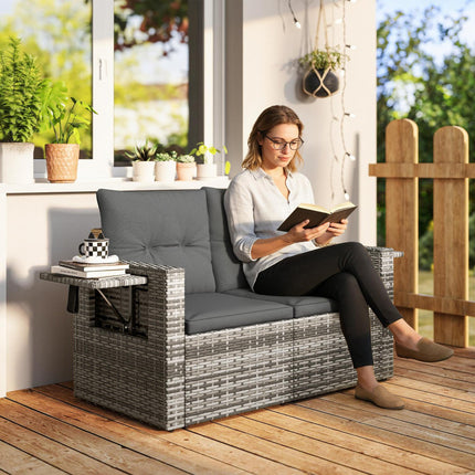 2 Seater Rattan Garden Sofa Outdoor Loveseat with Hidden Side Trays and Cushions