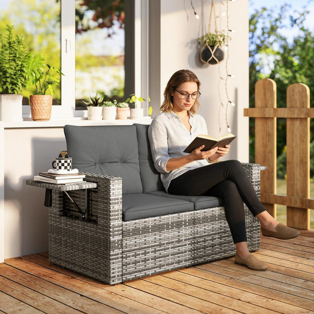 2 Seater Rattan Garden Sofa Outdoor Loveseat with Hidden Side Trays and Cushions