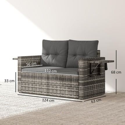 2 Seater Rattan Garden Sofa Outdoor Loveseat with Hidden Side Trays and Cushions