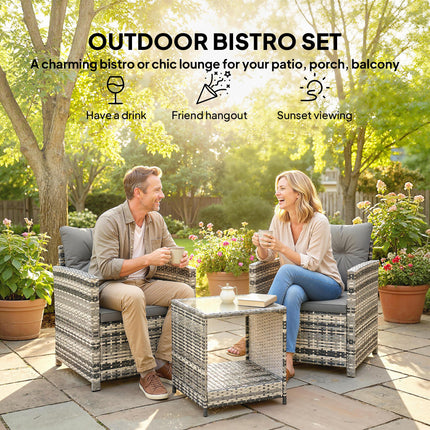 Outsunny Rattan Bistro Set, 3 Piece Garden Furniture Set with 2 Tier Glass Top Table and Cushions, Mixed Grey