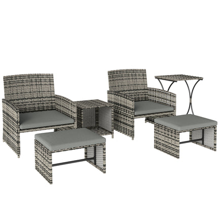6 Piece Rattan Garden Furniture, Space-Saving Patio Furniture Set with Nesting Tables, Chairs, Stools, Cushions, Grey