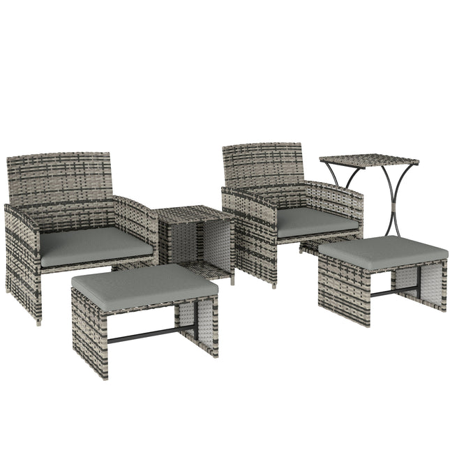 6 Piece Rattan Garden Furniture, Space-Saving Patio Furniture Set with Nesting Tables, Chairs, Stools, Cushions, Grey