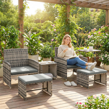 6 Piece Rattan Garden Furniture, Space-Saving Patio Furniture Set with Nesting Tables, Chairs, Stools, Cushions, Grey