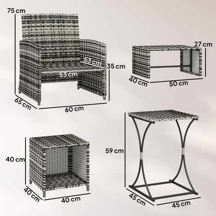 6 Piece Rattan Garden Furniture, Space-Saving Patio Furniture Set with Nesting Tables, Chairs, Stools, Cushions, Grey