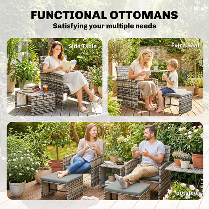 6 Piece Rattan Garden Furniture, Space-Saving Patio Furniture Set with Nesting Tables, Chairs, Stools, Cushions, Grey