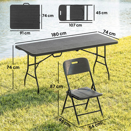 5 Piece 6ft Foldable Table and Chairs, Portable Picnic Table Set with 4 Chairs, Waterproof Top and Steel Frame, Black