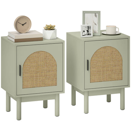 Set of 2 Rattan Bedside Tables, Boho Nightstands with Solid Wood Legs and Storage Cabinet for Living Room, Bedroom, Accent End Side Table, Light Green