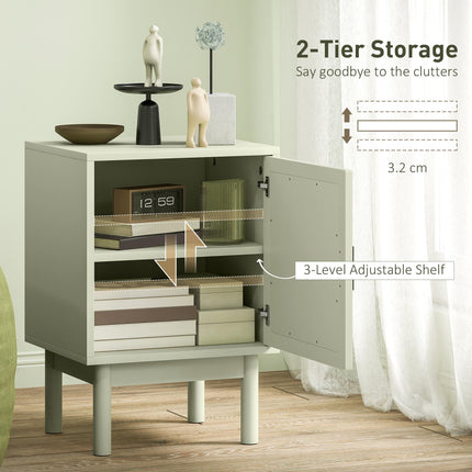 Set of 2 Rattan Bedside Tables, Boho Nightstands with Solid Wood Legs and Storage Cabinet for Living Room, Bedroom, Accent End Side Table, Light Green