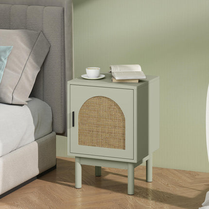 Set of 2 Rattan Bedside Tables, Boho Nightstands with Solid Wood Legs and Storage Cabinet for Living Room, Bedroom, Accent End Side Table, Light Green