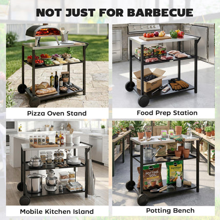 Outdoor Grill Cart with Stainless Steel Tabletop for Kitchen Prep, Two-Tier Pizza Oven Stand on Wheels, Black