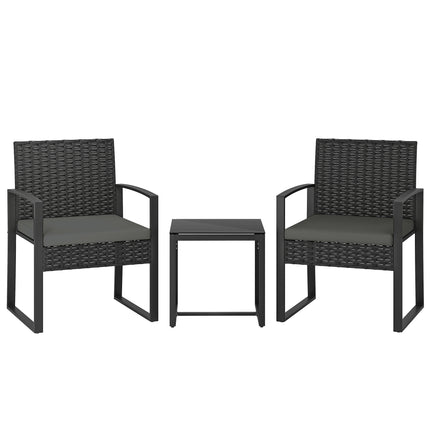Rattan Bistro Set, 3 Piece Garden Furniture Set with Glass Top Table and Cushions, Dark Grey