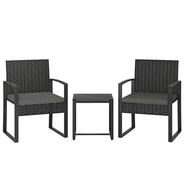 Rattan Bistro Set, 3 Piece Garden Furniture Set with Glass Top Table and Cushions, Dark Grey