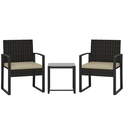 Rattan Bistro Set, 3 Piece Garden Furniture Set with Glass Top Table and Cushions, Khaki