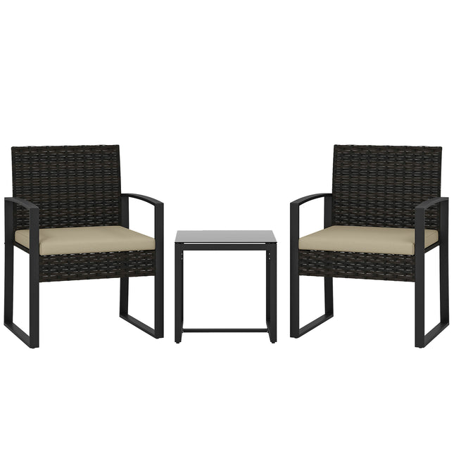 Rattan Bistro Set, 3 Piece Garden Furniture Set with Glass Top Table and Cushions, Khaki