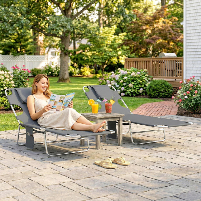 5-Position Adjustable Sun Loungers Set of 2 with Reading Hole and Side Pocket, Dark Grey