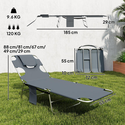 5-Position Adjustable Sun Loungers Set of 2 with Reading Hole and Side Pocket, Dark Grey