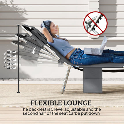 5-Position Adjustable Sun Loungers Set of 2 with Reading Hole and Side Pocket, Dark Grey