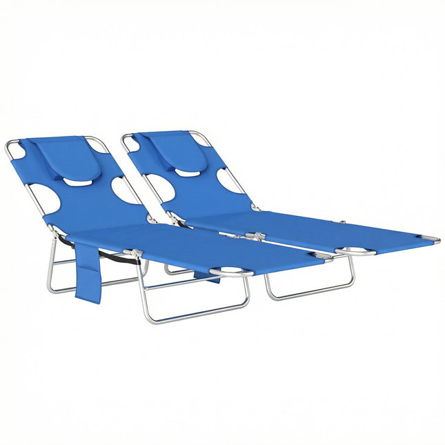 5-Position Adjustable Sun Loungers Set of 2 with Reading Hole and Side Pocket, Blue