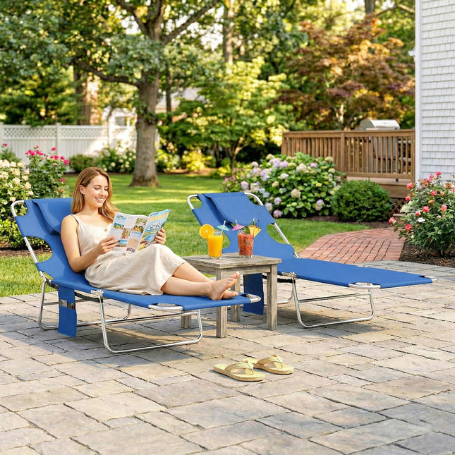 5-Position Adjustable Sun Loungers Set of 2 with Reading Hole and Side Pocket, Blue