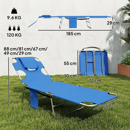 5-Position Adjustable Sun Loungers Set of 2 with Reading Hole and Side Pocket, Blue