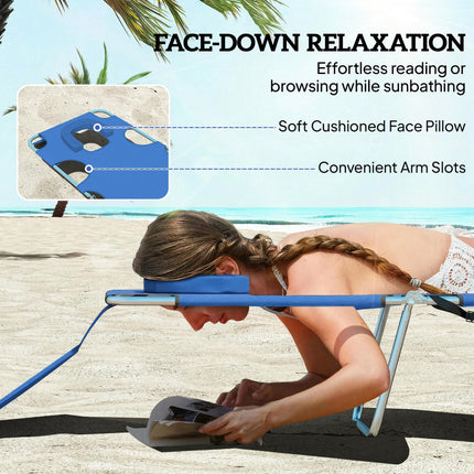 5-Position Adjustable Sun Loungers Set of 2 with Reading Hole and Side Pocket, Blue