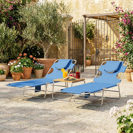 5-Position Adjustable Sun Loungers Set of 2 with Reading Hole and Side Pocket, Blue