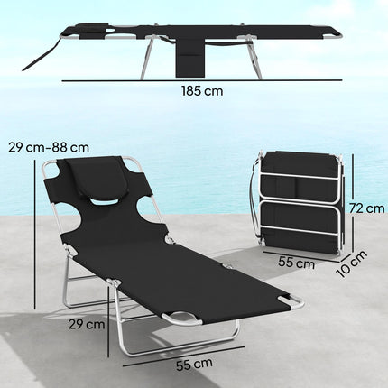 5-Position Adjustable Sun Loungers Set of 2 with Reading Hole and Side Pocket, Black