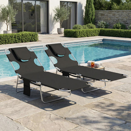 5-Position Adjustable Sun Loungers Set of 2 with Reading Hole and Side Pocket, Black