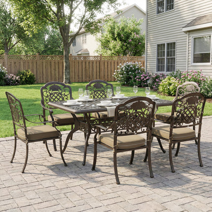 Garden Dining Set for 6, Cast Aluminium Outdoor Table and Chairs Set with Cushions, Parasol Hole for Patio, Bronze Tone